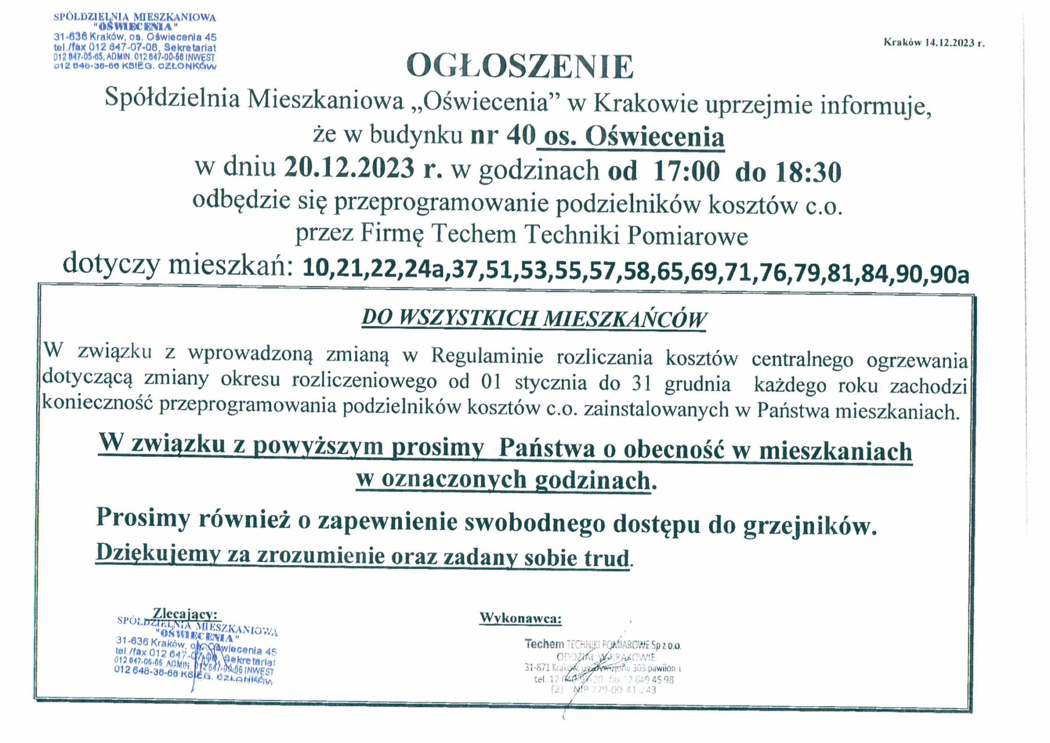 Harmonogram przeprogramowania podzielników - os. Oświecenia 40 - SM